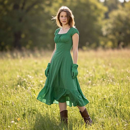 Photograph of a young woman with light brown hair, wearing a green dress, matching gloves, and brown boots, standing in a sunlit grassy