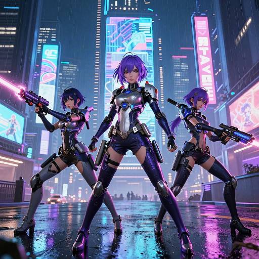 Digital artwork of three purple-haired, armored women with glowing neon guns standing in a vibrant, rainy cyberpunk cityscape with towering neon signs. They stand