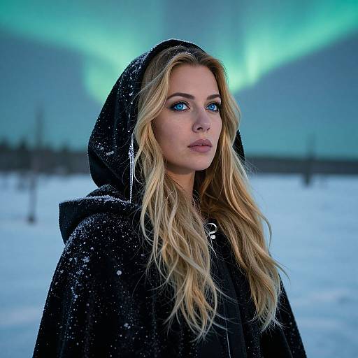 Photograph of a blonde woman with blue eyes, wearing a black hooded coat, standing in a snowy landscape with vivid green auroras in the night