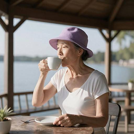 Sunlit Lakeside: Retired Ballerina in Lavender Hat