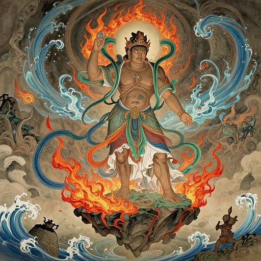 Colorful digital illustration of a muscular, topless deity with a fiery halo, green-blue ribbons, and fiery base, surrounded by swirling waves and