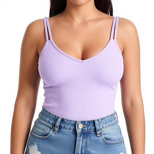 Photograph of a woman with tan skin, wearing a white ribbed tank top and blue high-waisted denim jeans, against a plain white background