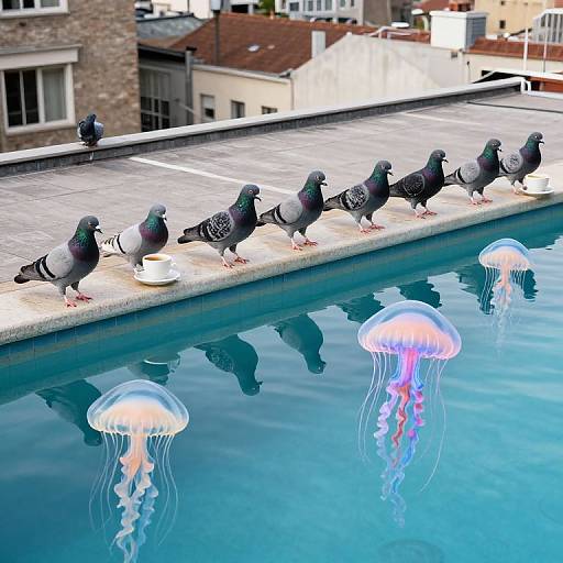 Photograph of seven pigeons standing on a rooftop pool edge beside three glowing, translucent jellyfish in a blue pool. Urban buildings in the background.