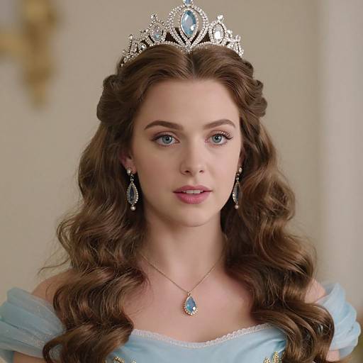 Photograph of a beautiful young woman with long, wavy brown hair, blue eyes, wearing a silver tiara, blue off-shoulder dress