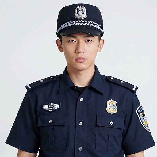 Photograph of a young Asian male police officer in a black uniform with short sleeves, hat, and badges, standing against a white background.