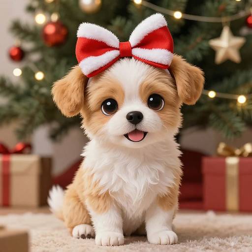 Cute, fluffy, tan and white puppy with a red and white bow, sitting in front of a decorated Christmas tree with gifts.