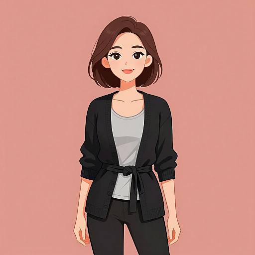 Digital anime-style illustration of a smiling woman with short brown hair, wearing a black cardigan, white top, and black pants, against a pink background