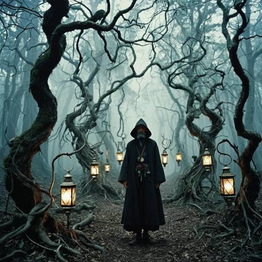 Mystical Forest Wanderer with Lanterns