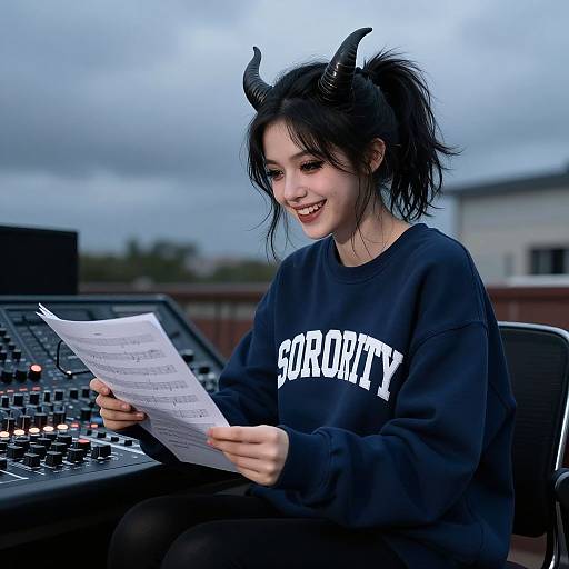 Photograph of a smiling young woman with black horns, black ponytail, wearing a 