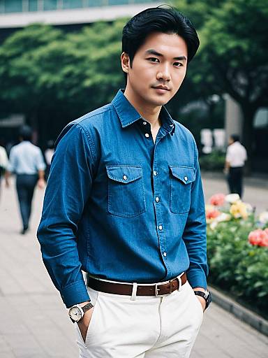 Casual Korean Man in Blue Shirt and White Pants
