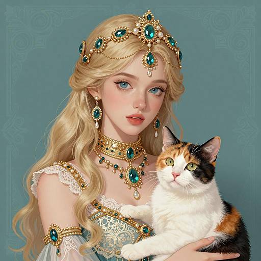 Elegant Woman with Calico Cat Illustration