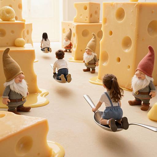 Photograph of tiny gnome figurines with red and brown hats, white beards, and blue overalls, exploring a cheese-themed landscape with large Swiss