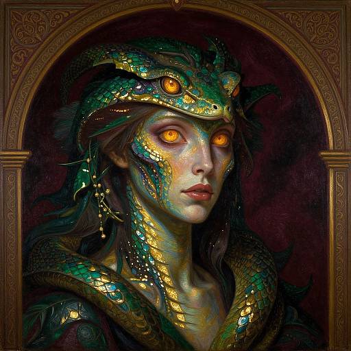 Digital painting of a serpentine woman with glowing orange eyes, golden scales, and dark green hair, framed by an ornate arch.