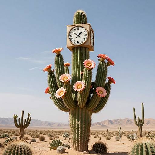 Photograph of a tall, green cactus with pink and orange flowers, adorned with a square clock at its top, set in a bright, clear