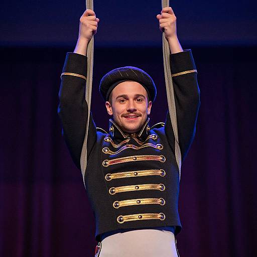 Photograph of a smiling male aerialist with light skin, black beret, and black military-style jacket with gold buttons, hanging from silver bars against