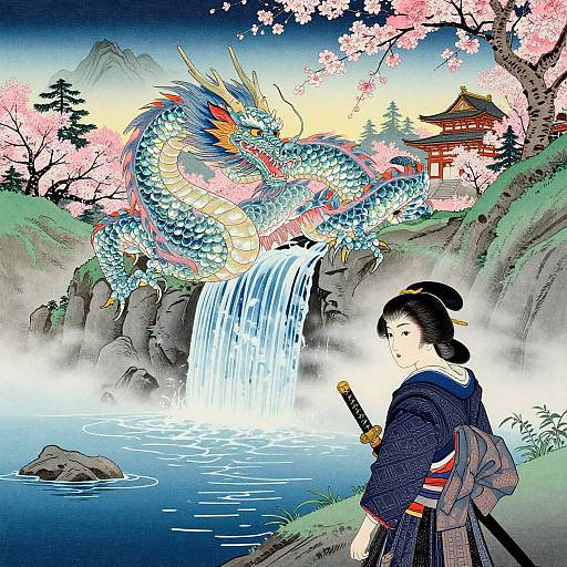 Digital illustration of a Japanese woman in traditional kimono, standing by a waterfall, gazing at a colorful, dragon rising from the water, cherry bloss