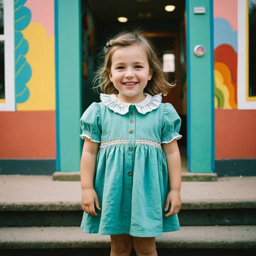 Smiling Toddler Girl in Aqua Dress at Kindergarten Entrance