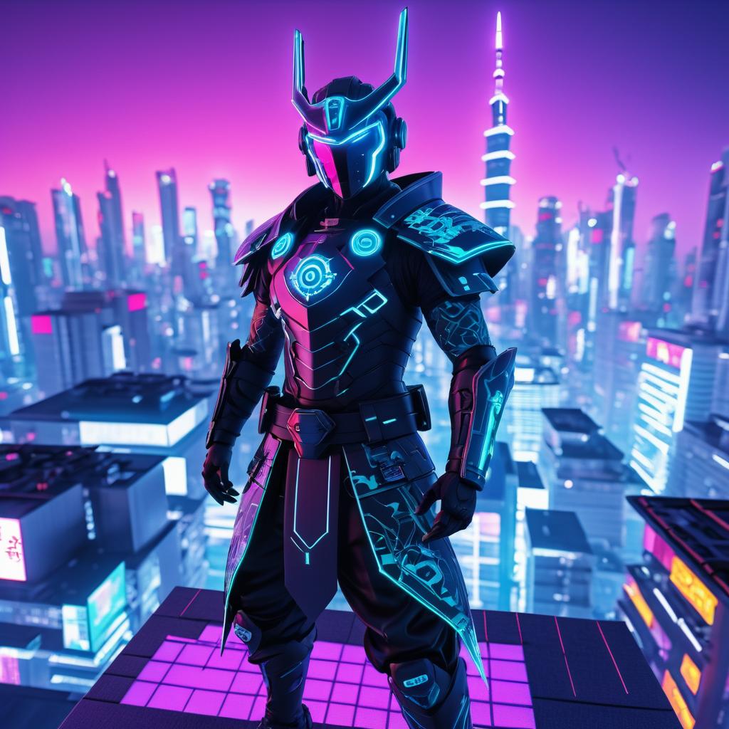 Futuristic Cybernetic Samurai on Rooftop