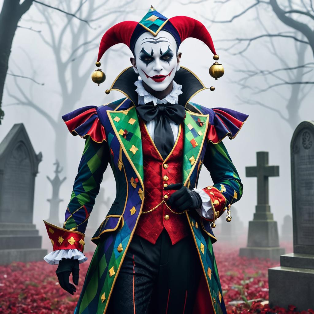 Sinister Jester in Foggy Graveyard Artwork