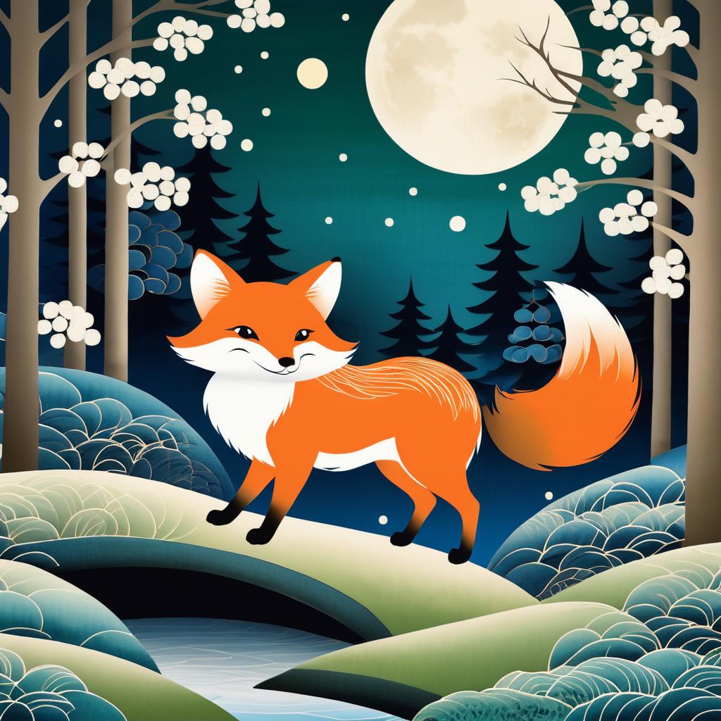 Whimsical Nihonga Fox in Moonlit Forest