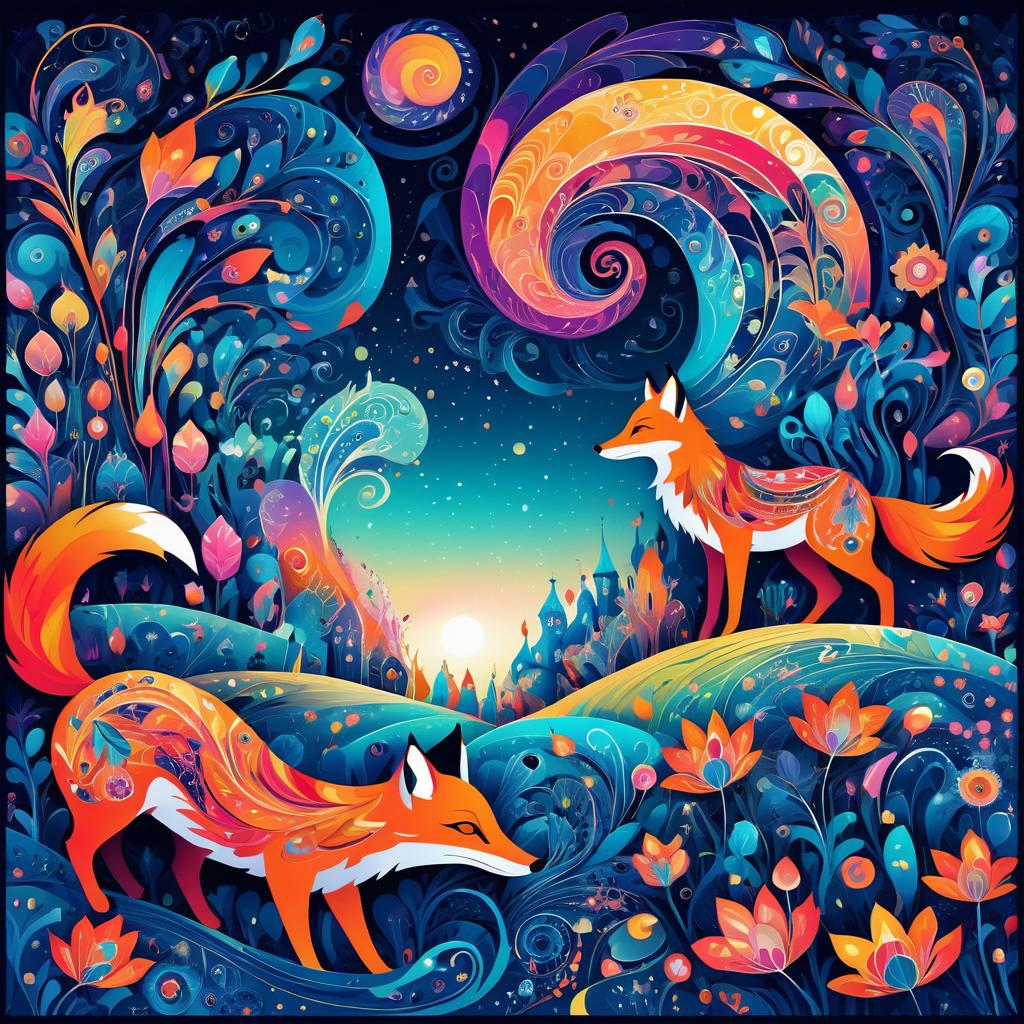 Vibrant Surrealist Landscape with Fantastical Creatures