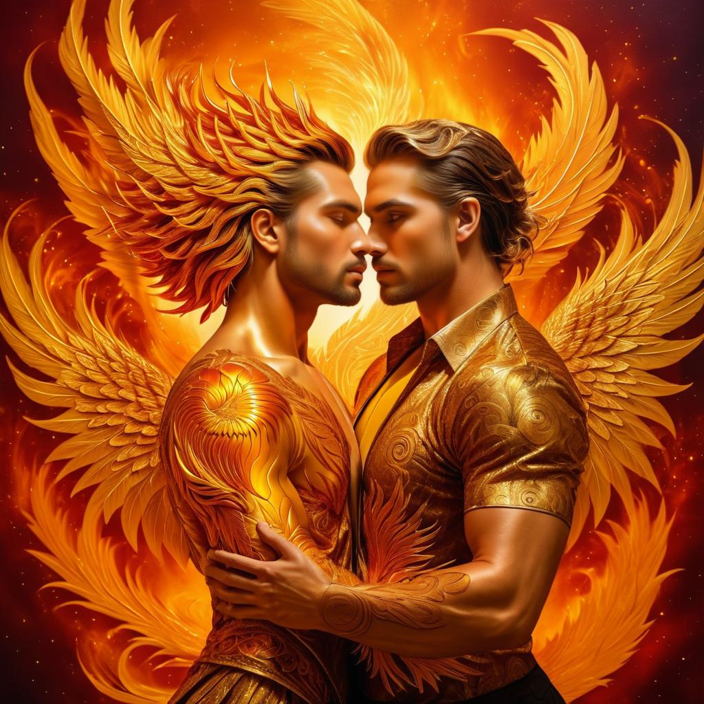 Surreal Golden Phoenix Embracing Man