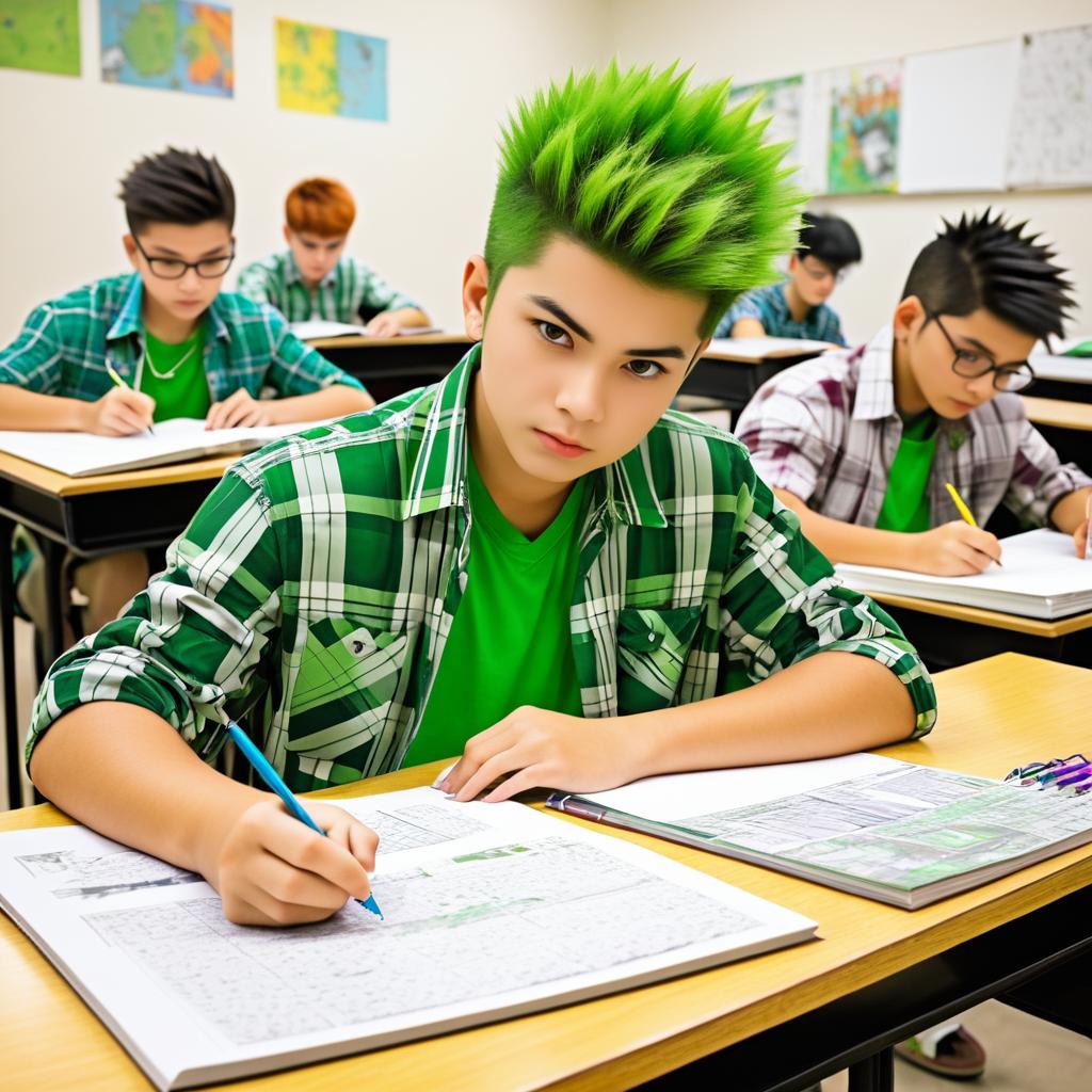 Young Boy in Classroom: Comic Style Art