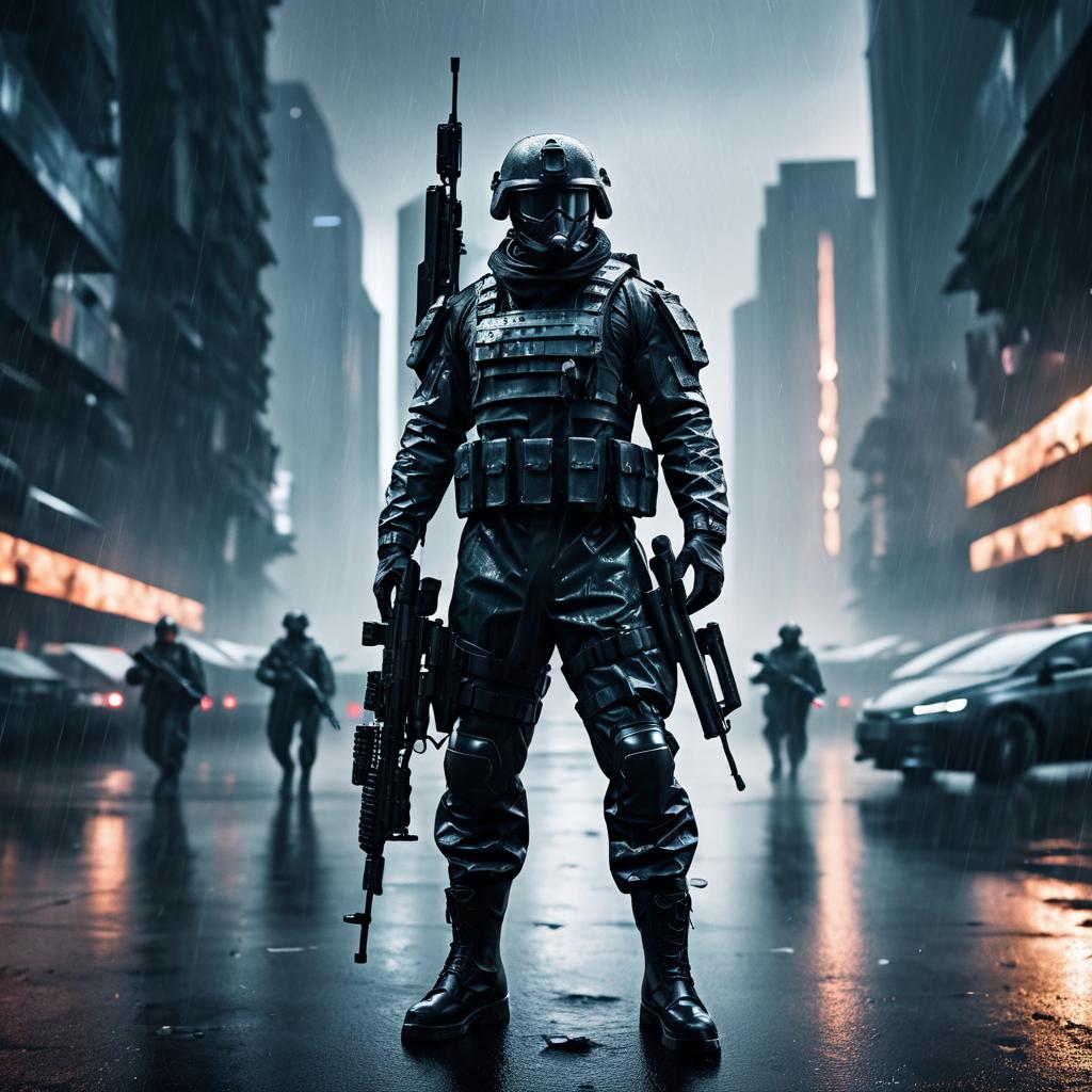 Futuristic Soldier in Dystopian Rain