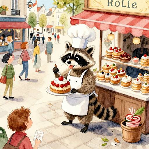 Whimsical illustration of a raccoon in a white apron, serving cakes with strawberries to customers on a sunny street.