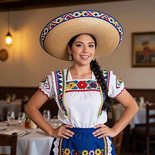 Photograph of a smiling Latina woman with dark hair in a braid, wearing a large, patterned straw hat, white embroidered blouse, and blue