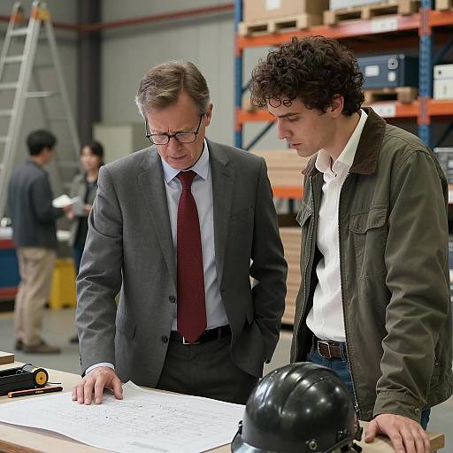 Men Reviewing Blueprints in Warehouse