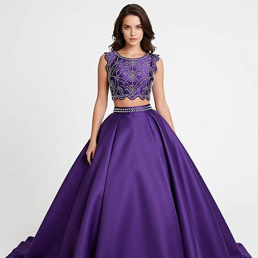 Photograph of a dark-haired woman in a sleeveless, purple, beaded crop top and a voluminous, satin, purple ball gown against a