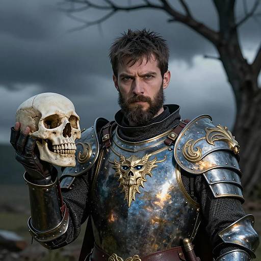 Intense Warrior with Skull at Dusk