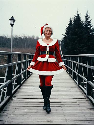 Woman in Mrs. Claus Costume on Bridge