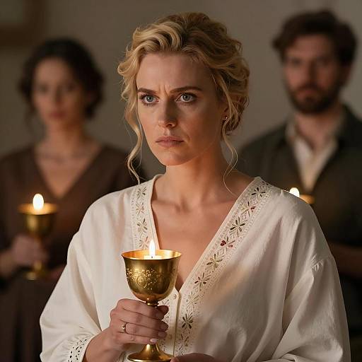 Woman Holding Candlelit Goblet with Intense Expression