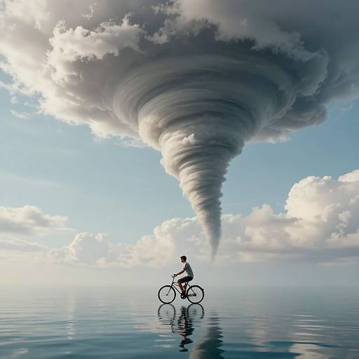 Photograph of a solitary cyclist on a reflective water surface, beneath a massive, swirling cloud tornado in a bright blue sky.