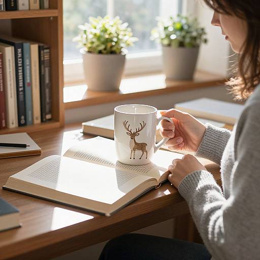 Photograph of a woman in a gray sweater, holding a deer-print mug, reading an open book on a sunlit wooden table. Bookshelf and