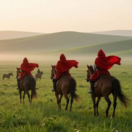 Photograph of four riders in red hoods and cloaks, mounted on dark brown horses, galloping through a misty, green field with
