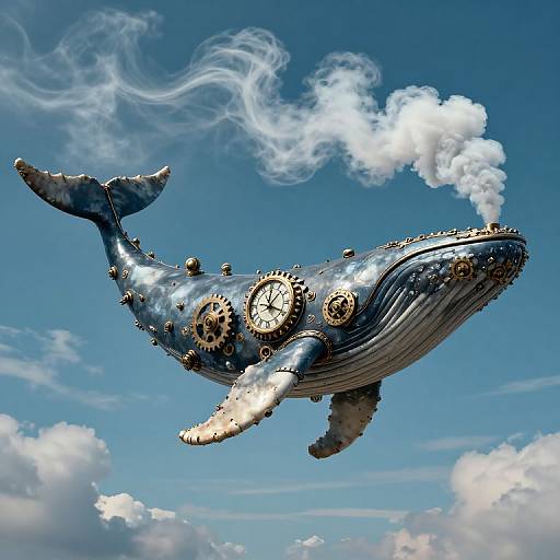 Steampunk-style, metallic blue whale with gears, smoke, and steam, soaring against a bright blue sky with fluffy white clouds. Digital art.