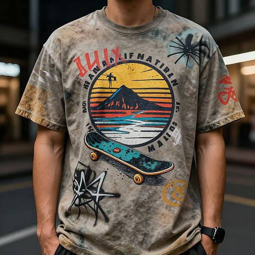Photograph of a person wearing a tie-dye, graffiti-covered t-shirt with a mountain sunset and skateboard graphic, standing on a nighttime urban street.