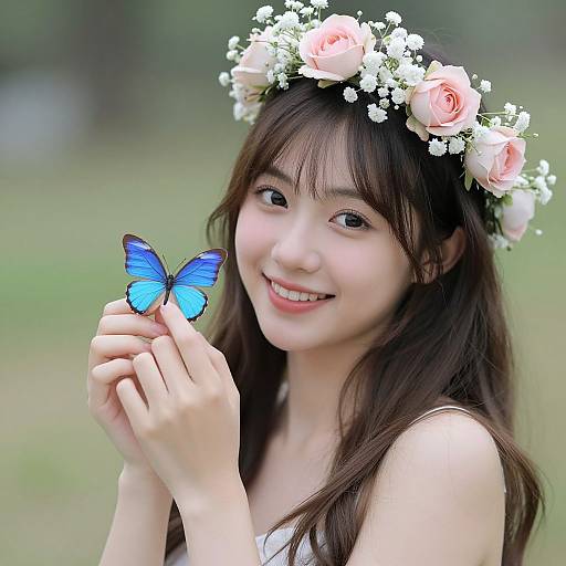 Photograph of a smiling Asian woman with long brown hair, wearing a pink and white flower crown, gently holding a blue butterfly. Background is blurred green