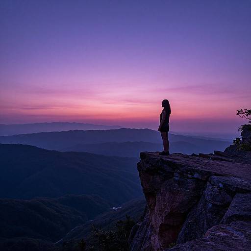 Silhouetted woman with long hair stands on rocky cliff at sunset, overlooking purple and pink-hued mountains in a photograph.
