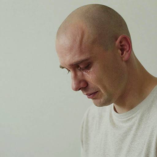 Photograph of a bald, middle-aged man with a pained expression, glistening tears, and downcast eyes, wearing a white t-shirt against