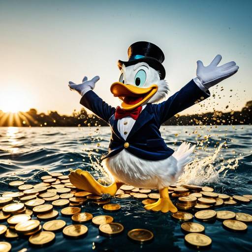 Scrooge McDuck Diving into Gold Coins Pool at Sunset