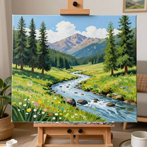 Vibrant digital painting of a mountain landscape with a flowing river, lush greenery, colorful wildflowers, and tall pine trees on an easel
