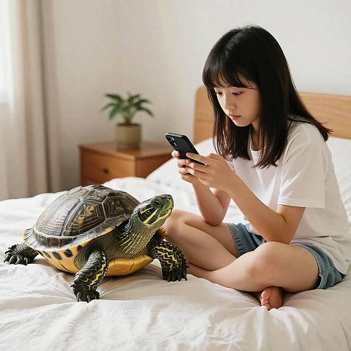 Girl Sitting on Bed with Turtle and Phone