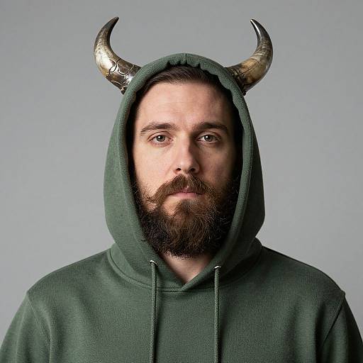 Bearded Man in Horned Green Hoodie