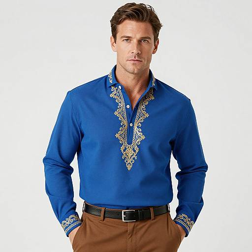 Photograph of a handsome, light-skinned man with short brown hair, wearing a vibrant blue shirt with intricate gold embroidery, brown pants, and a