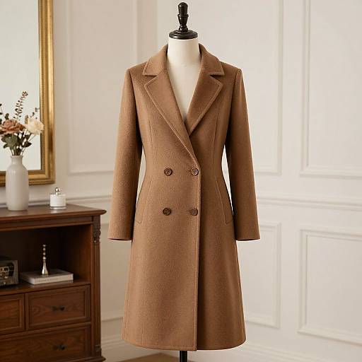 Photograph of a brown tweed coat on a black mannequin in a well-lit room with white wainscoting, wooden dresser,