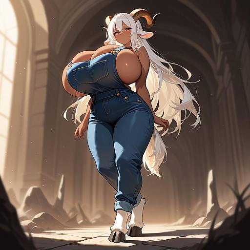 Dark Skin Satyr Girl in Overalls